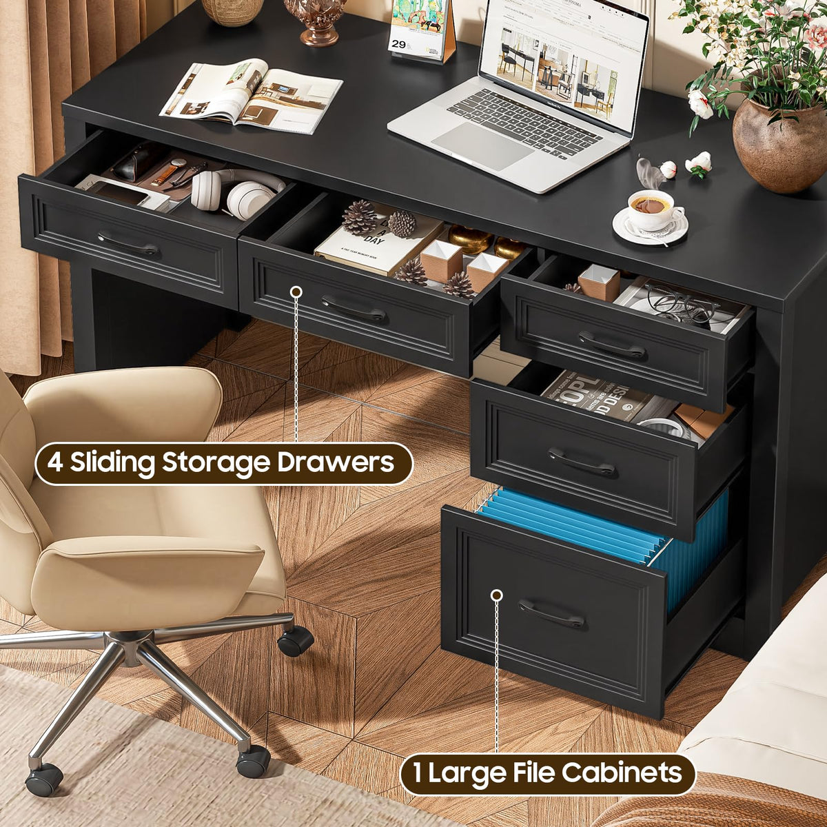 55″ Farmhouse Desk with 5 Drawers, Pure Black