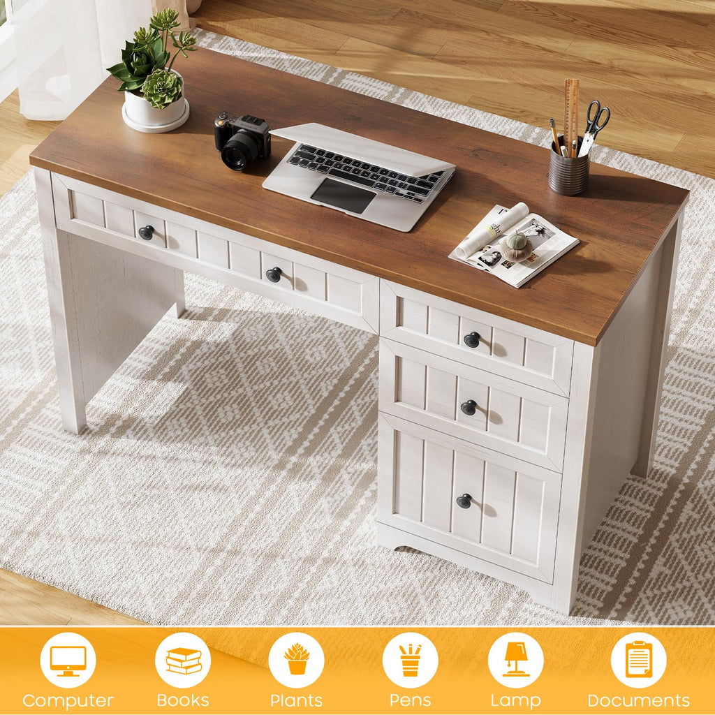 Farmhouse Desk with 4 Drawers File Drawer, Wood Computer Desk Brown & White