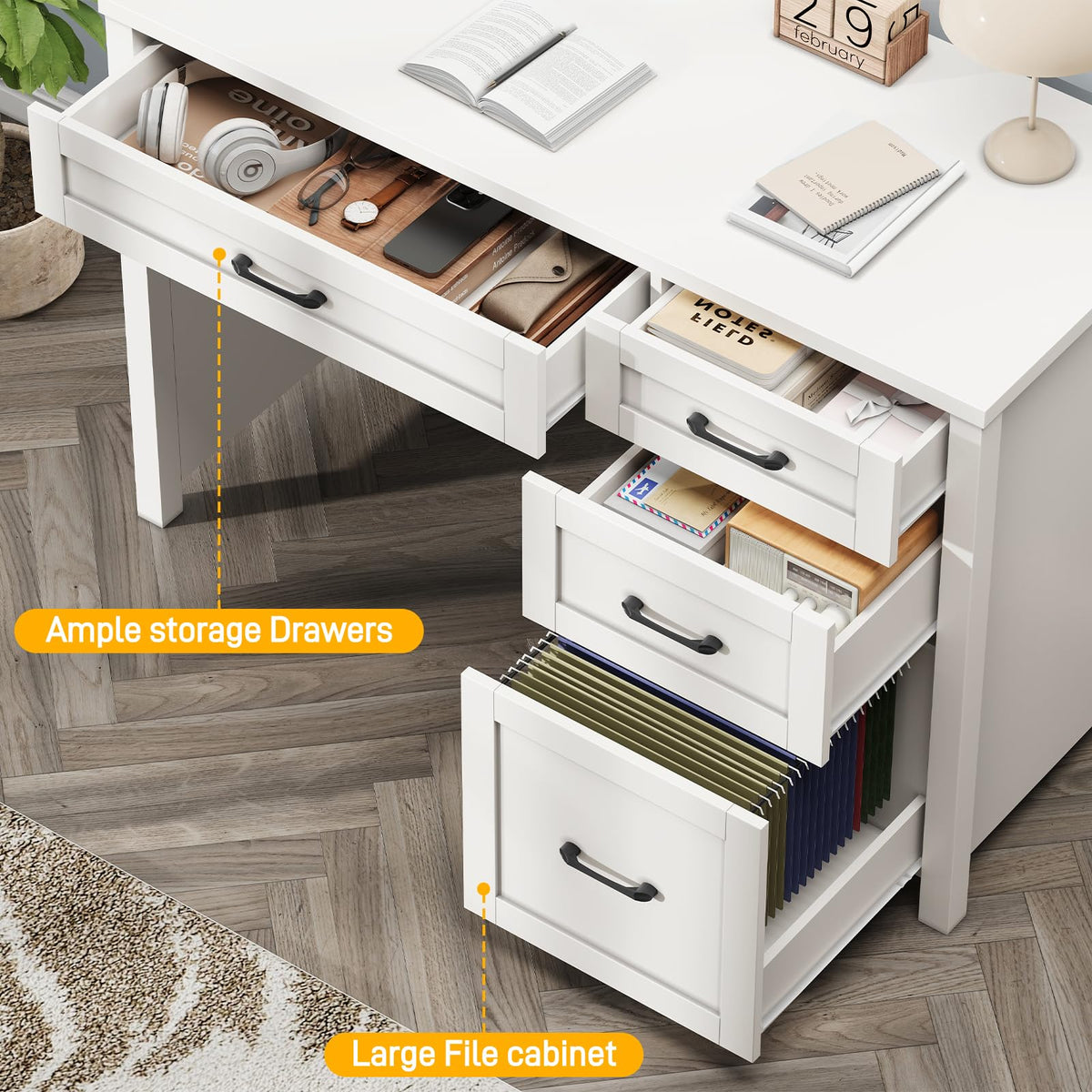 Farmhouse 47" Desk with 4 Drawers, File Drawer and Charging Station, Cream White