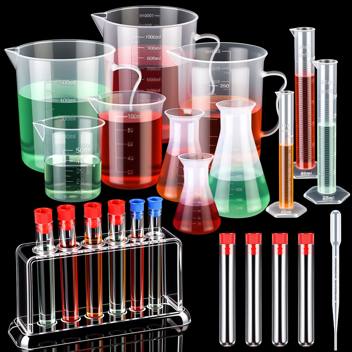28 Pcs Plastic Beakers Test Tubes with Graduated Cylinder Flask
