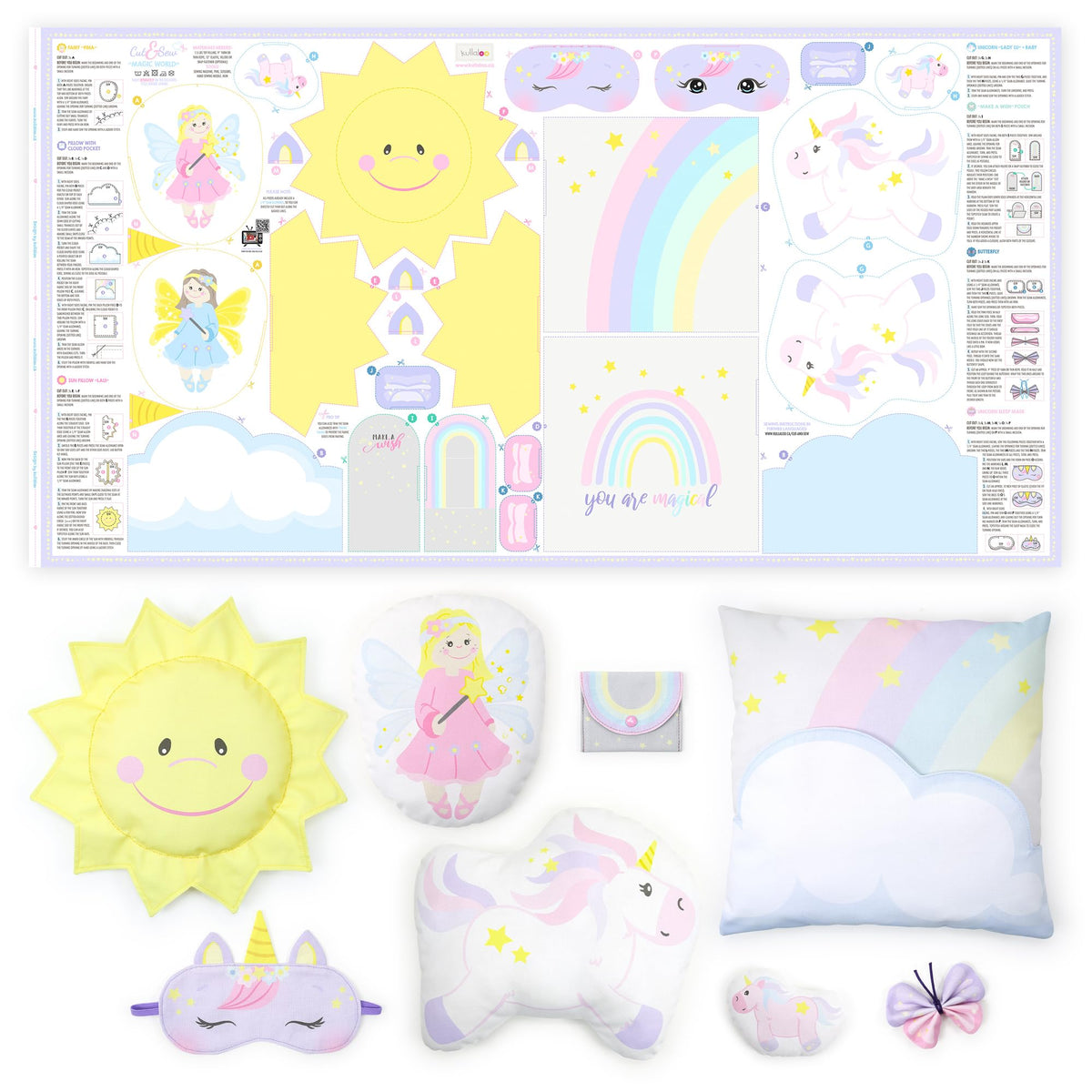 kullaloo Fabric Sewing kit for Beginners - with Video Instructions - Cut & Sew Fabric Panel with Unicorn and Fairy - DIY Carft for Girls (Magic World)