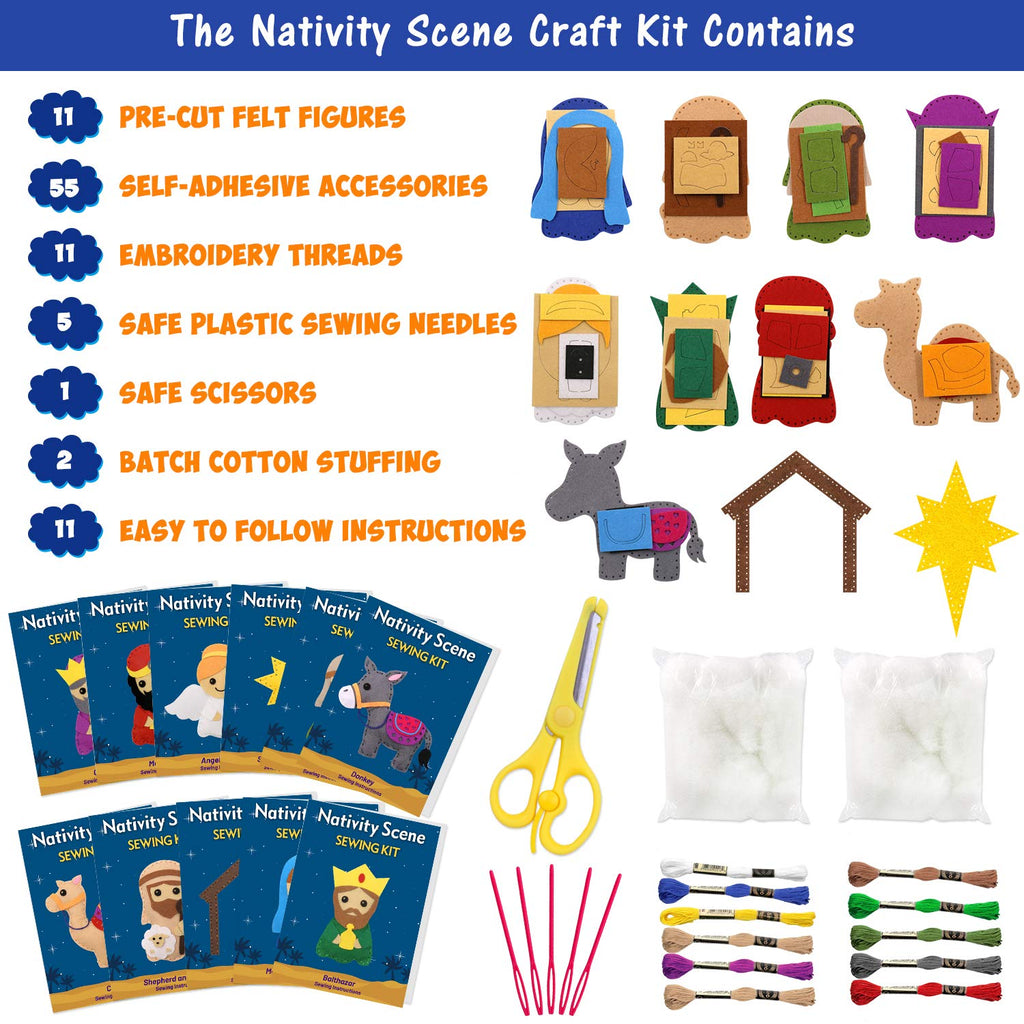 Nativity Sewing Kit for Kids – 11-Piece Christmas Felt Craft Set | Beginner Sewing & Christian Education