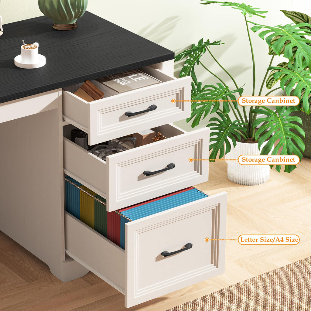 Farmhouse Desk with Drawers, File Drawer, Wood Black White