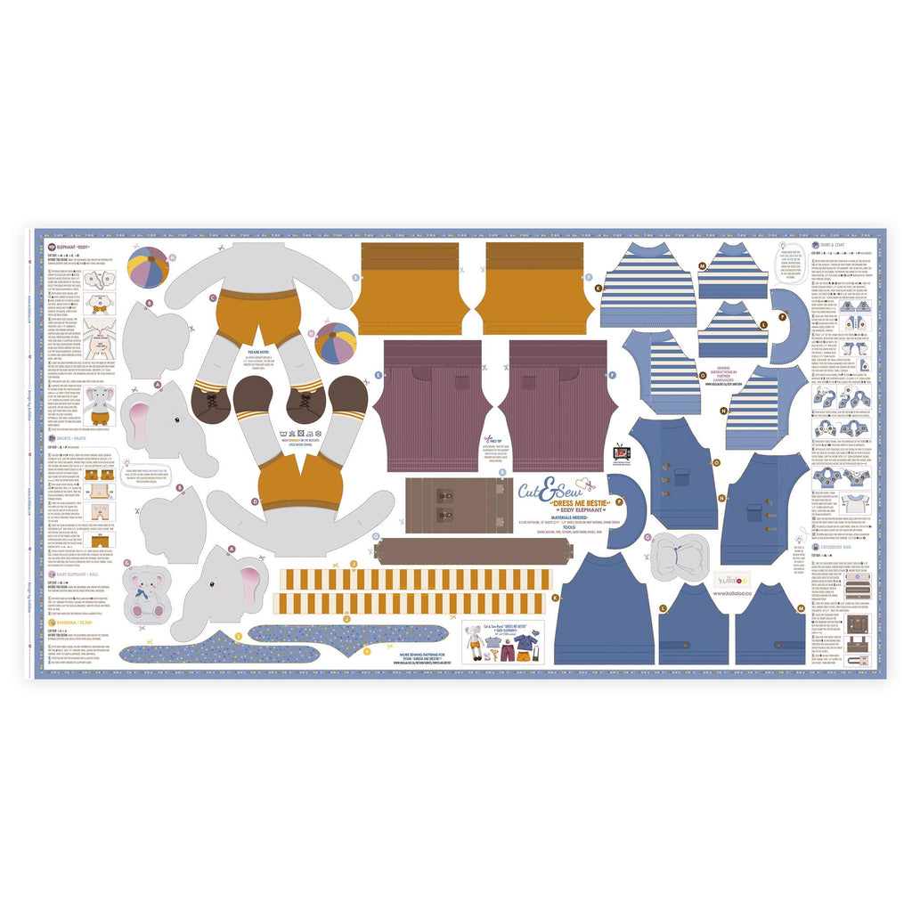 kullaloo Cut & Sew Fabric Panel – Elephant Doll Sewing Kit for Teens & Adults ✦ Intermediate DIY Plush Project with Clothes ✦ Dress Me Bestie Eddy