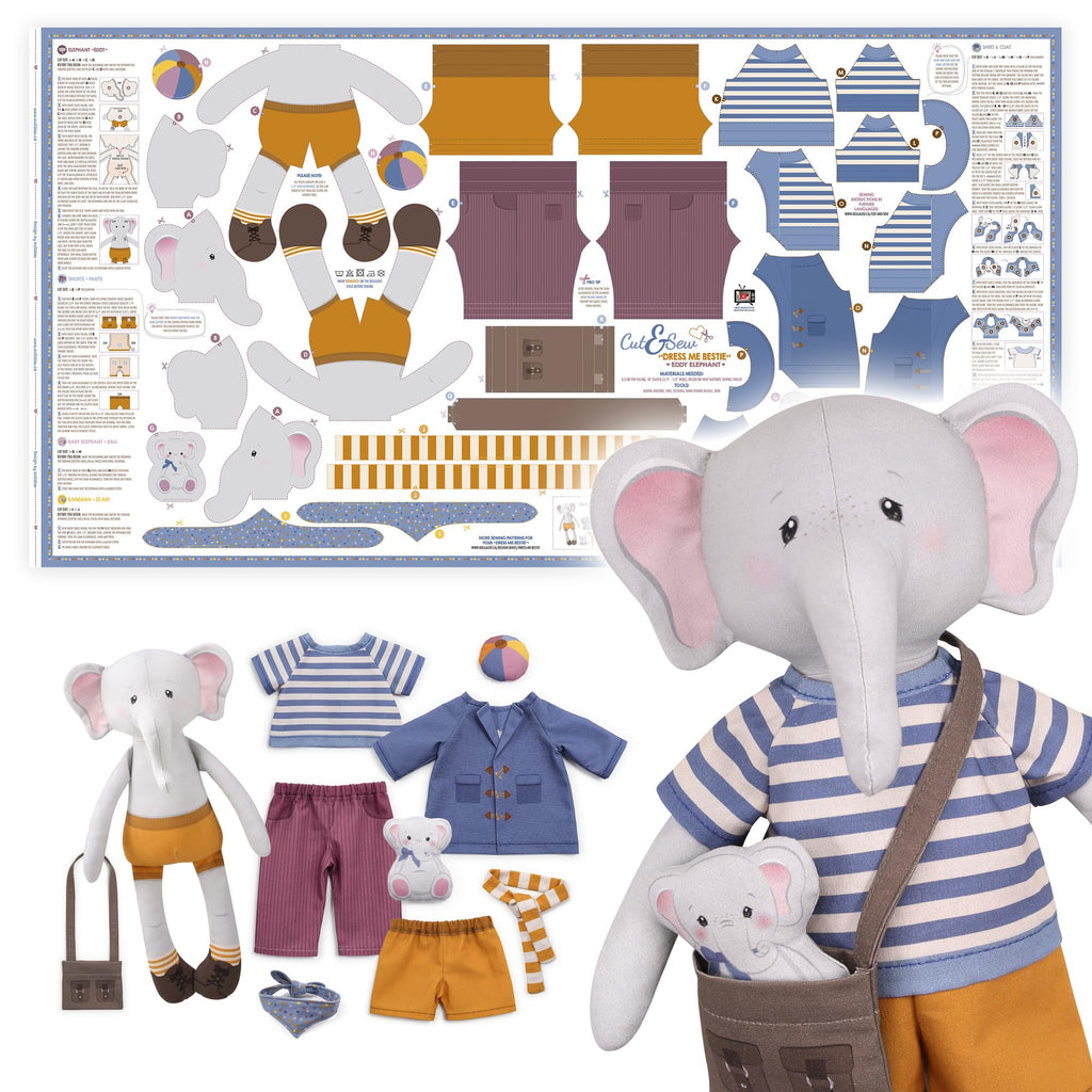 kullaloo Cut & Sew Fabric Panel – Elephant Doll Sewing Kit for Teens & Adults ✦ Intermediate DIY Plush Project with Clothes ✦ Dress Me Bestie Eddy