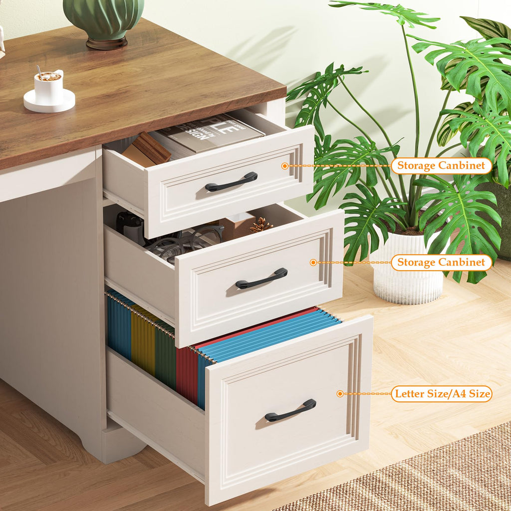 Farmhouse Executive Desk with Drawers, File Drawer, Wood, Brown White