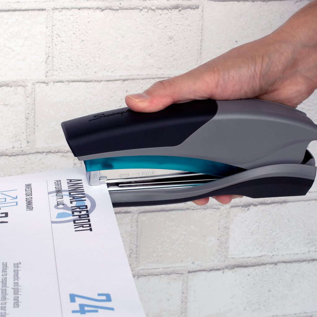 Swingline Stapler, 25 Sheet Capacity, Optima 25, Jam Free, Reduced Effort, Soft Grip, Blue and Gray