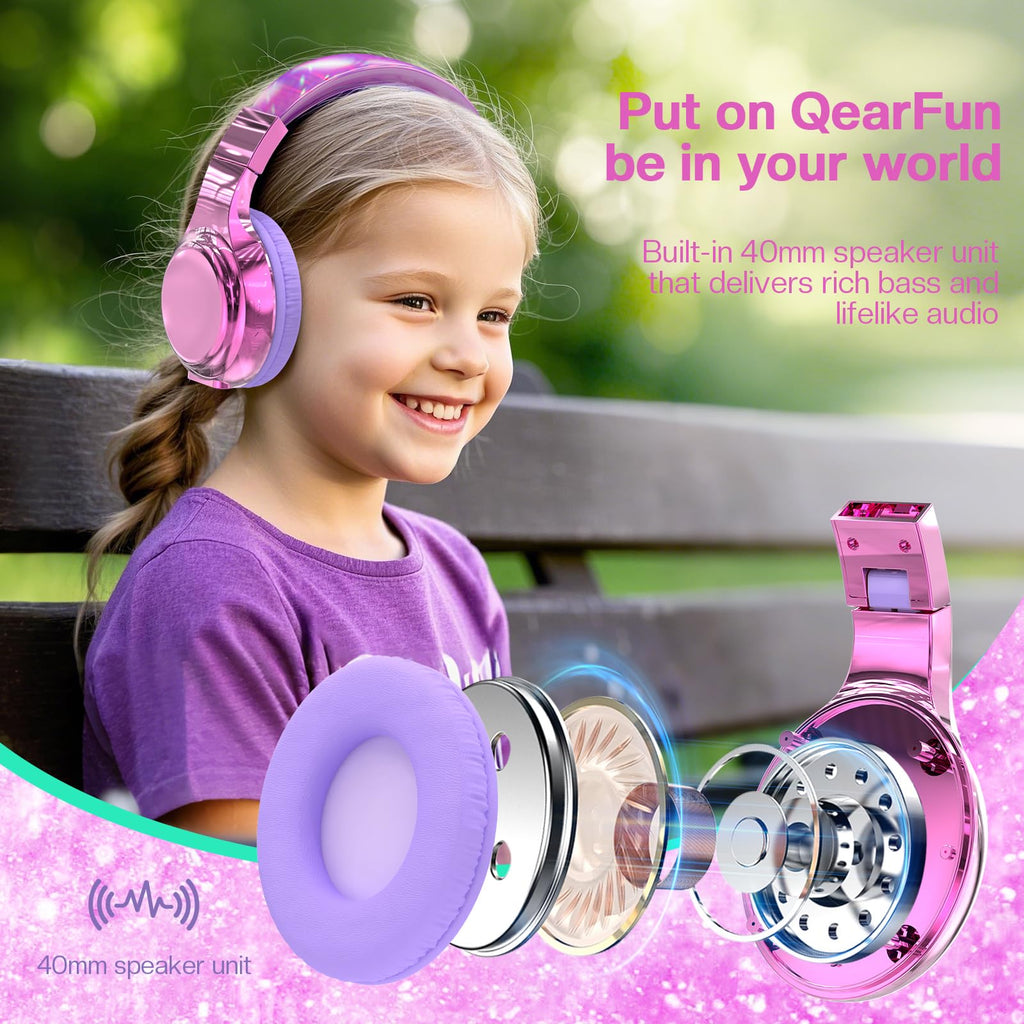 QearFun Kids Bluetooth Headphones, 60H Playtime, 74/85/94dB Volume Limit