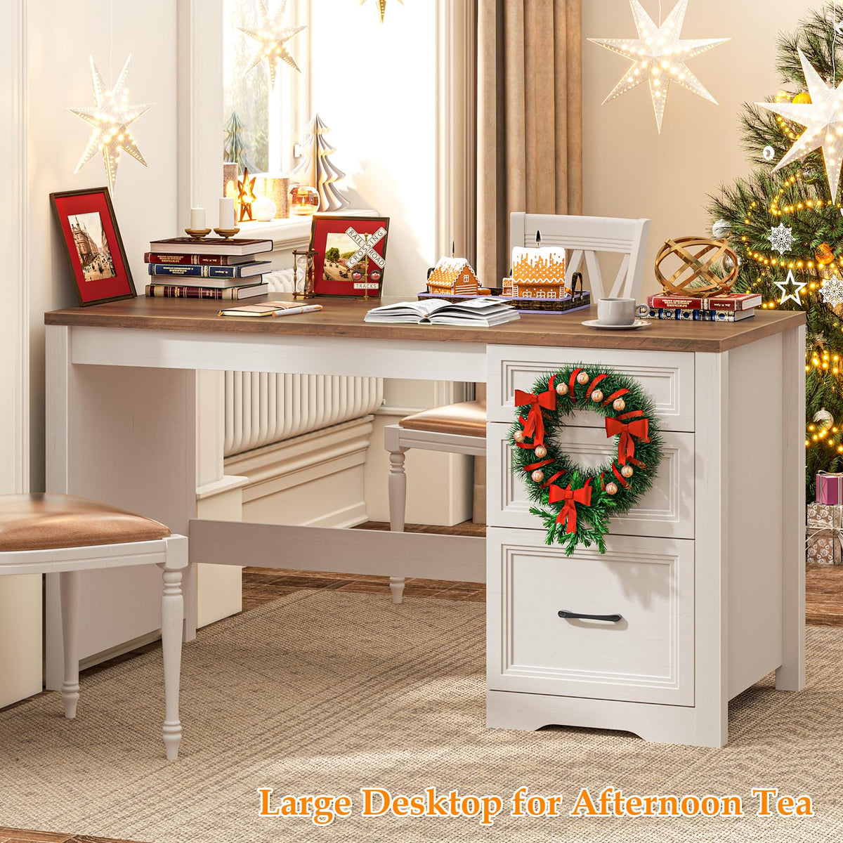 Farmhouse Executive Desk with Drawers, File Drawer, Wood, Brown White