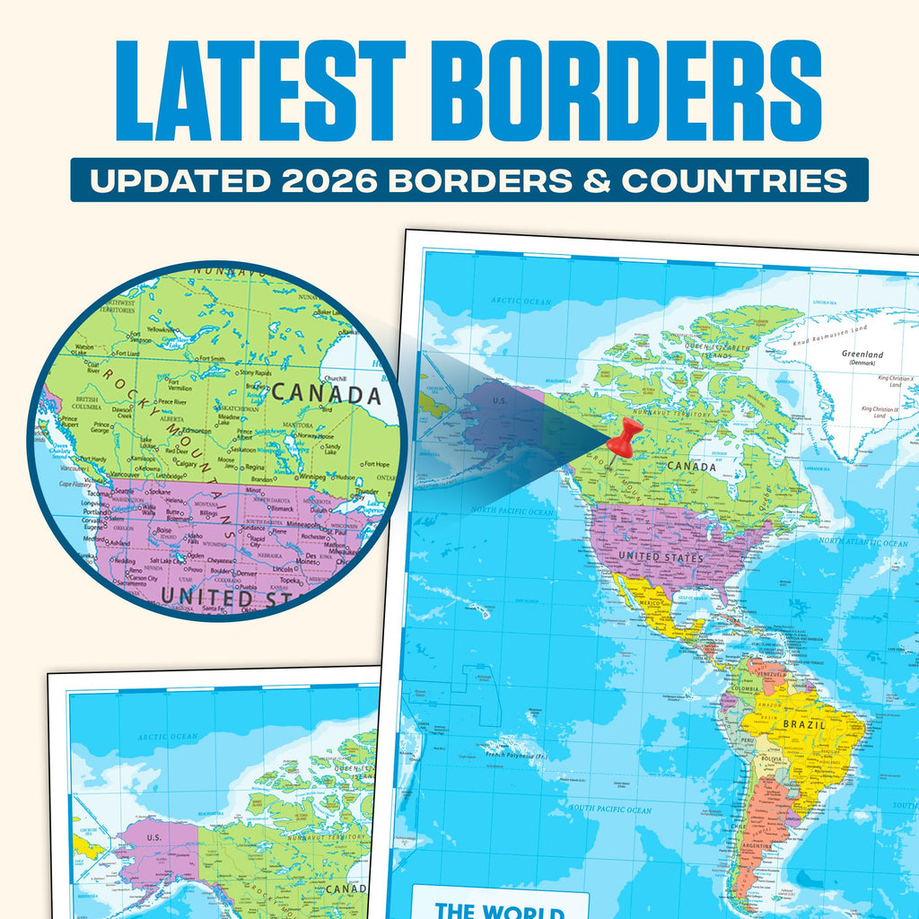 World Map Poster for Wall 24x33 in, Write On Wipe Off