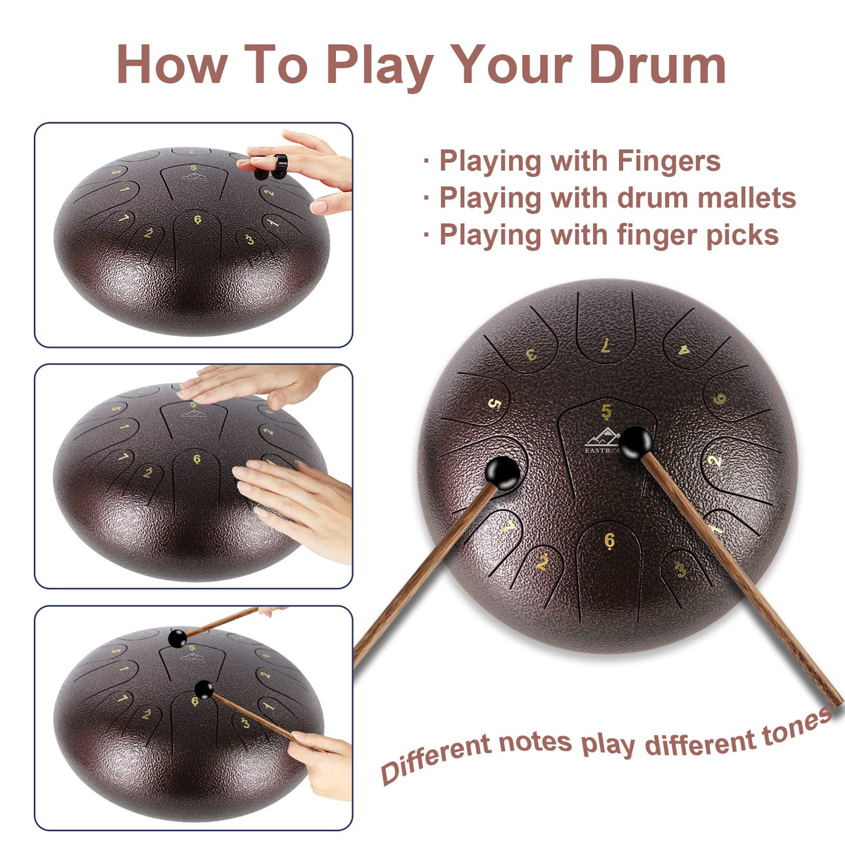 EASTROCK Steel Tongue Drum 12 Inch 13 Notes C Key, Brown
