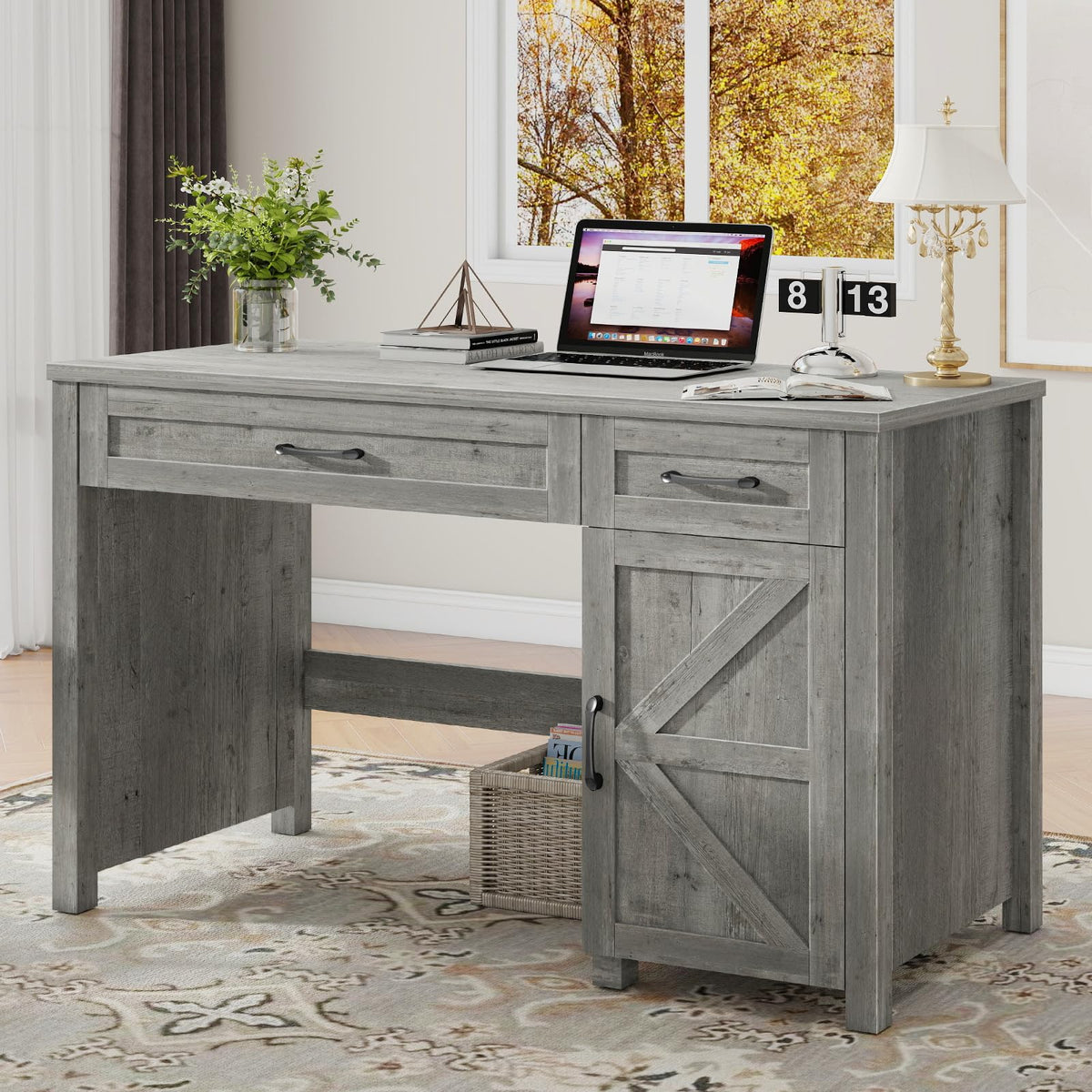 Farmhouse 47" Computer Desk with Drawers (Grey)