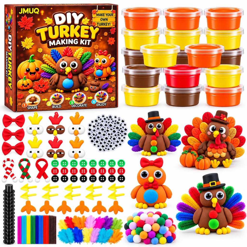 Thanksgiving Turkey Air-Dry Clay Craft Kit – 24 Colorful Clay Tubs with Decorative Accessories