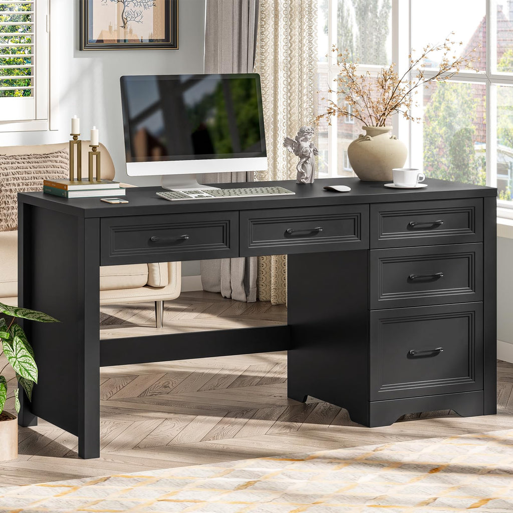 55″ Farmhouse Desk with 5 Drawers, Pure Black