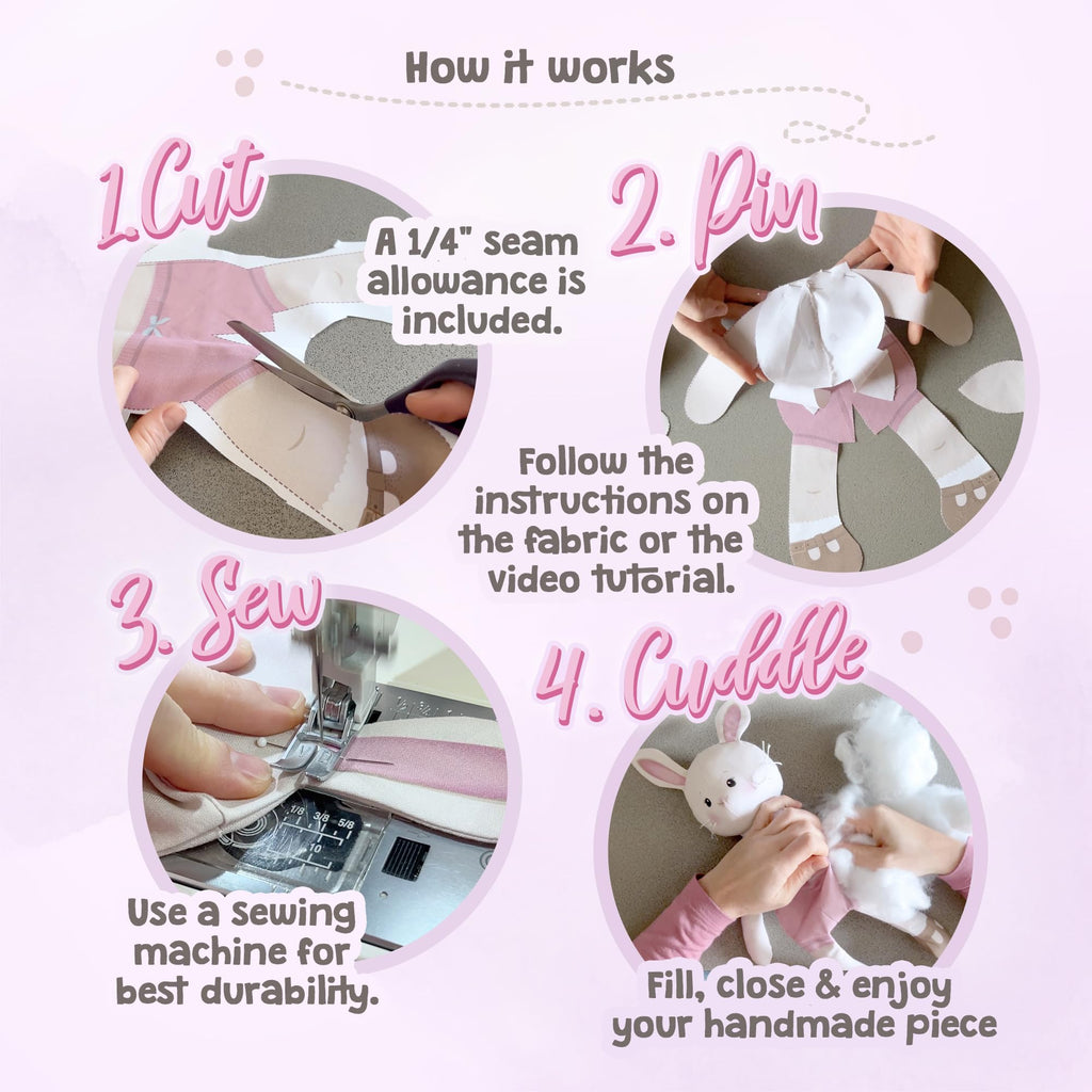 kullaloo - Cut & Sew Fabric Panel for Intermediate Skills - with Video Instructions - Doll Sewing Panel Doll with Clothes: Dress Me Bestie Bibby Bunny