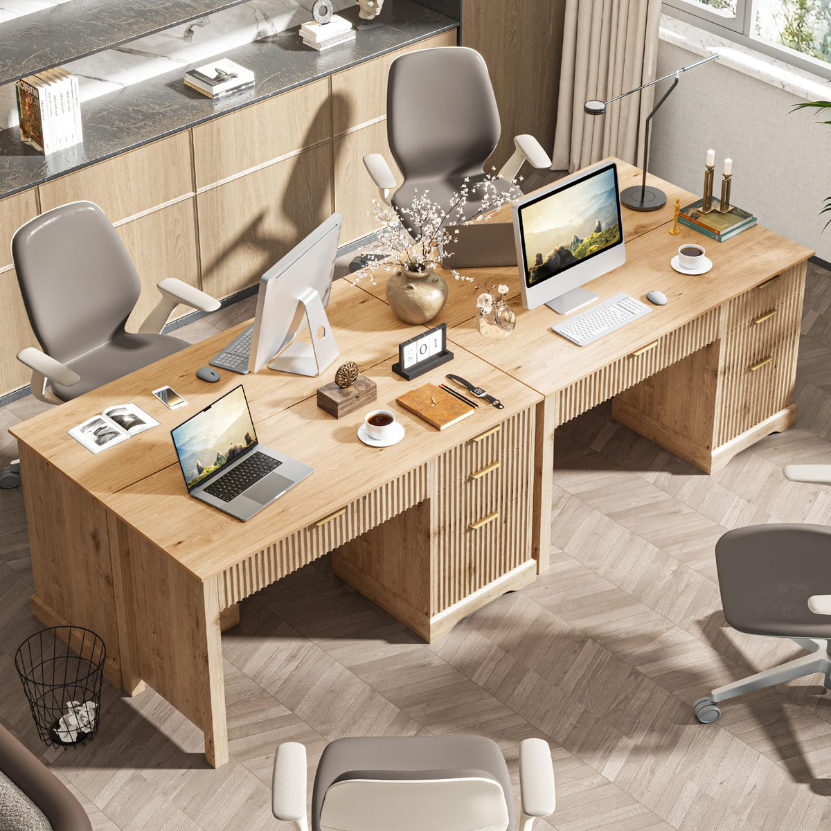 Vabches Fluted Executive Desk with File Drawer, Oak