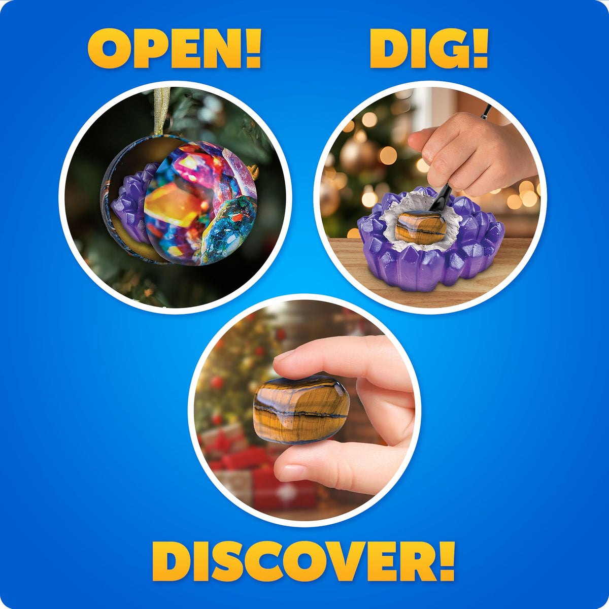 Christmas Surprise Dig Ornaments – 4-Pack Gemstone & Dinosaur Excavation STEM Kit with Learning Guide