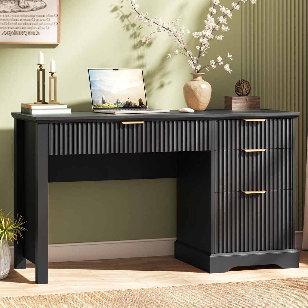 Vabches Fluted Executive Desk with Drawers, Wood Computer Desk, File Drawer, Black