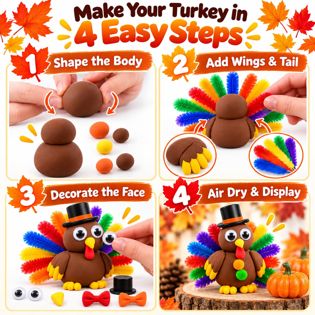 Thanksgiving Turkey Air-Dry Clay Craft Kit – 24 Colorful Clay Tubs with Decorative Accessories