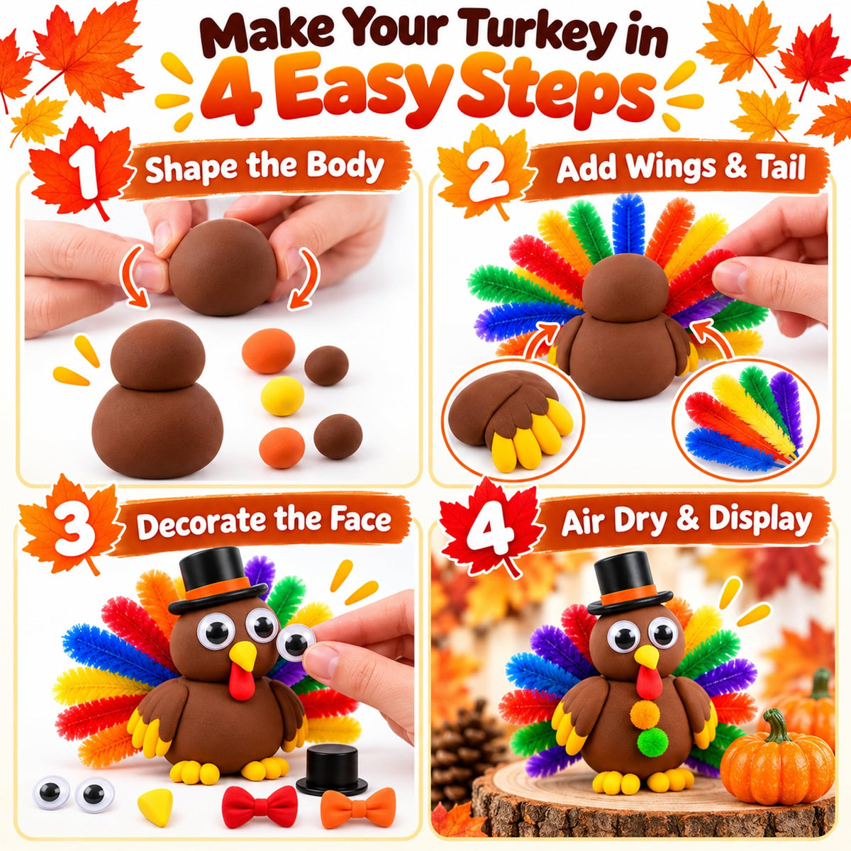 Thanksgiving Turkey Air-Dry Clay Craft Kit – 24 Colorful Clay Tubs with Decorative Accessories
