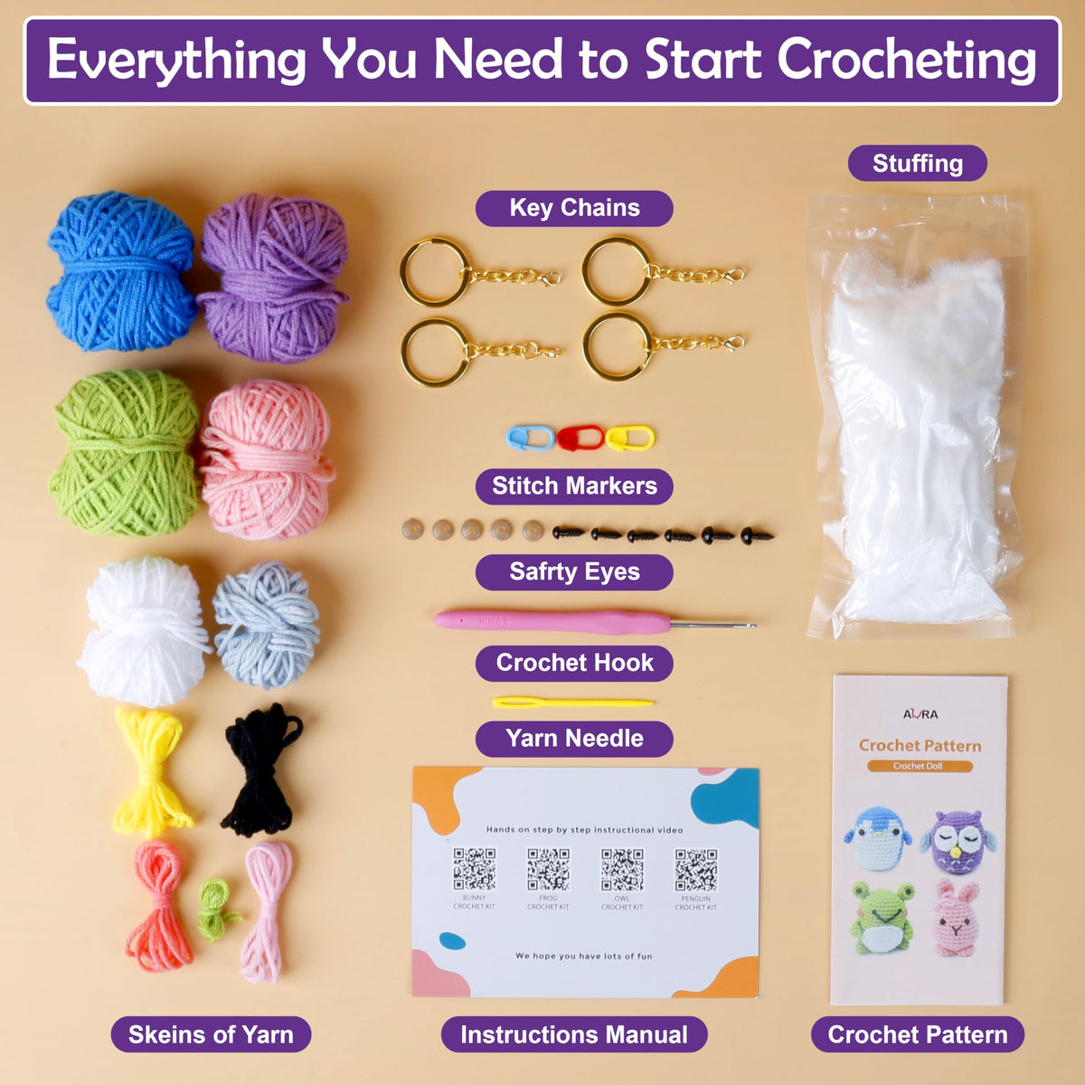 A-URA 3-in-1 Learn to Crochet Kit for Beginners Kids and Adults, Premium Pattern Sunflower, Panda Cactus, Hanging Pot Plant Beginner Crochet Kits with Easy Tube Yarn (4, Animal Pattern)