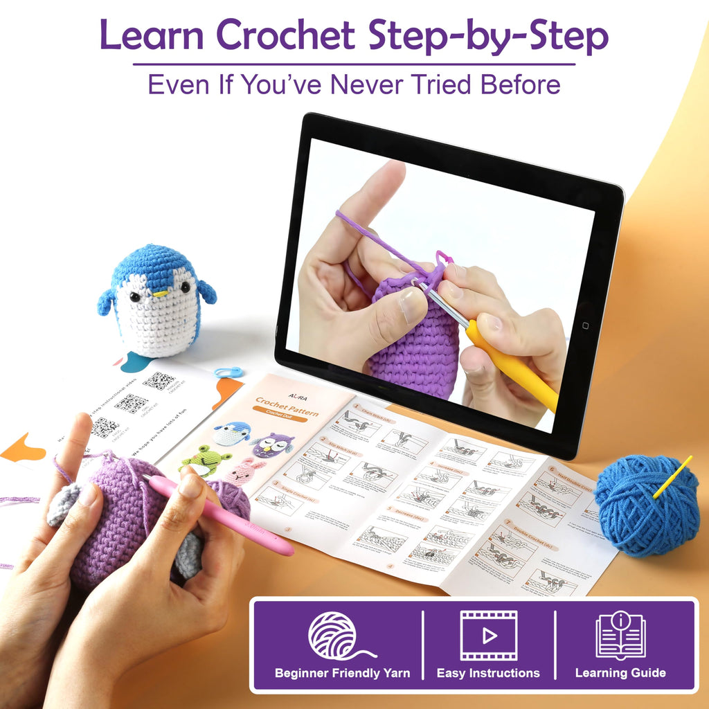 A-URA 3-in-1 Learn to Crochet Kit for Beginners Kids and Adults, Premium Pattern Sunflower, Panda Cactus, Hanging Pot Plant Beginner Crochet Kits with Easy Tube Yarn (4, Animal Pattern)