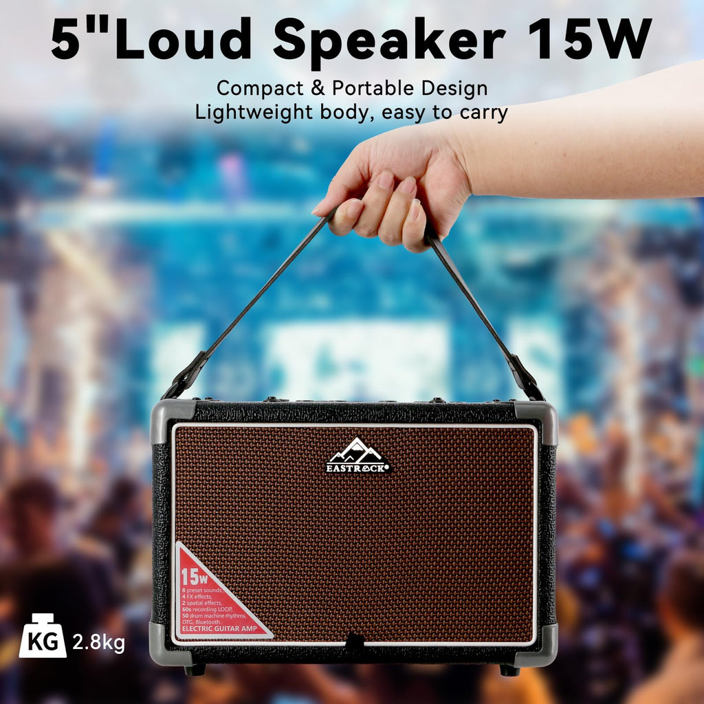 EASTROCK 15W Electric Guitar Amp, EGA-15W Portable Guitar Amplifier with Bluetooth, Built-in Looper & Drum Machine Speaker, AUX/OTG/Headphone, 8 Voices, FX Effects-Black