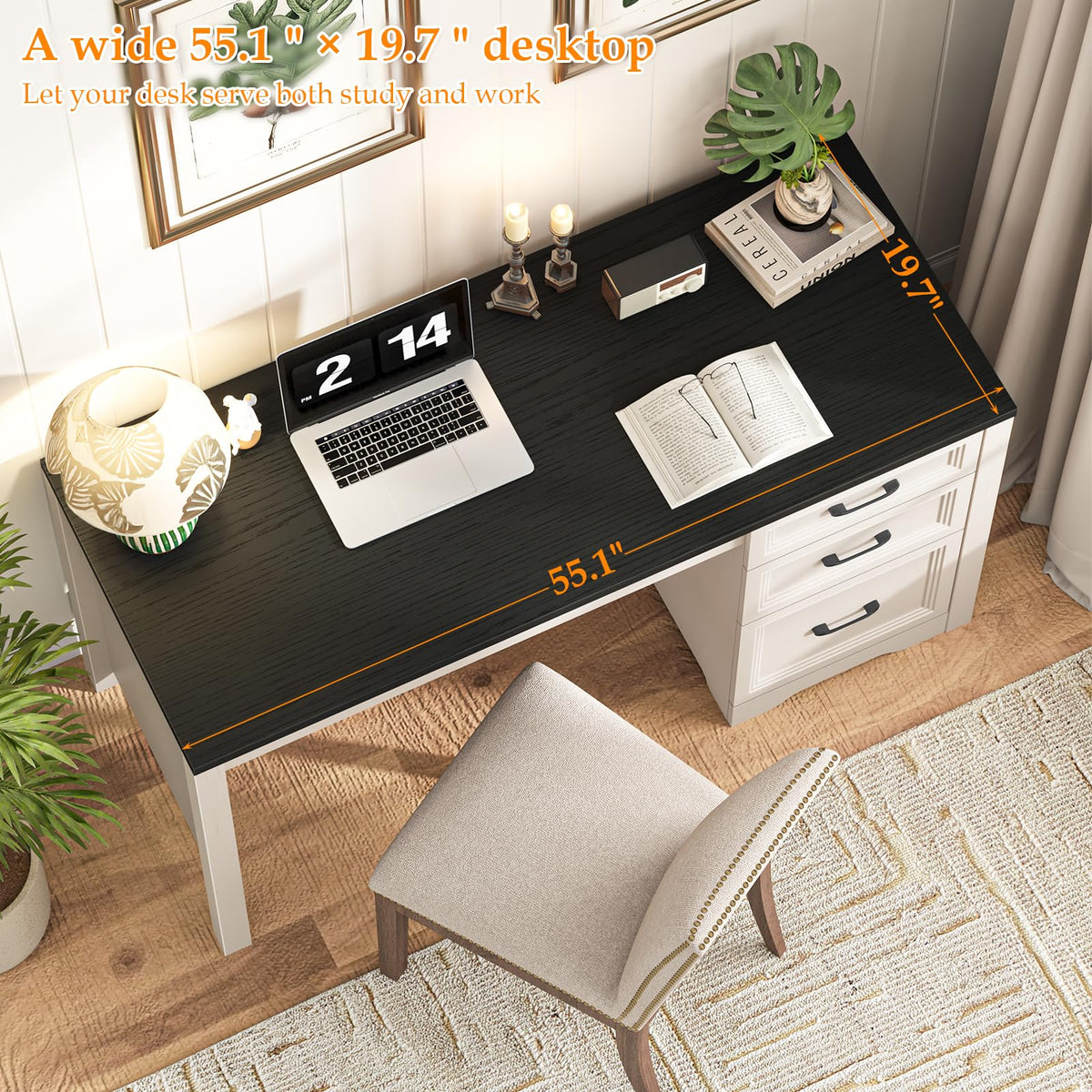 Farmhouse Desk with Drawers, File Drawer, Wood Black White
