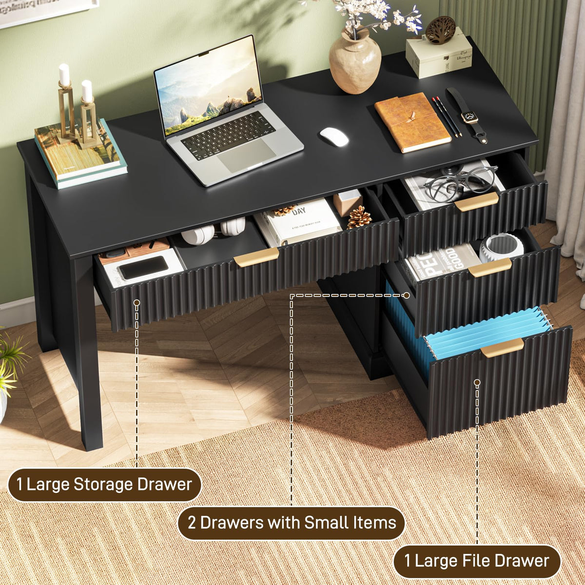Vabches Fluted Executive Desk with Drawers, Wood Computer Desk, File Drawer, Black