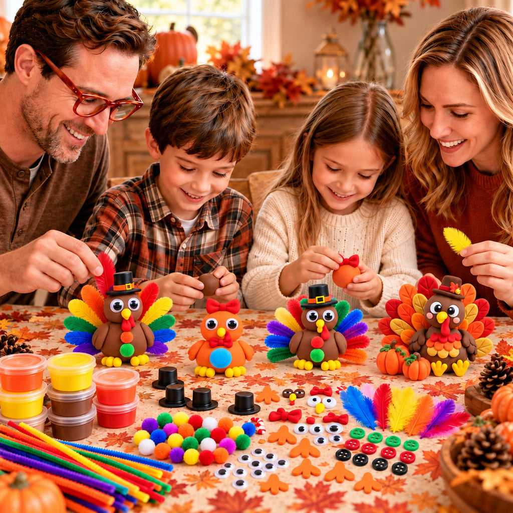 Thanksgiving Turkey Air-Dry Clay Craft Kit – 24 Colorful Clay Tubs with Decorative Accessories