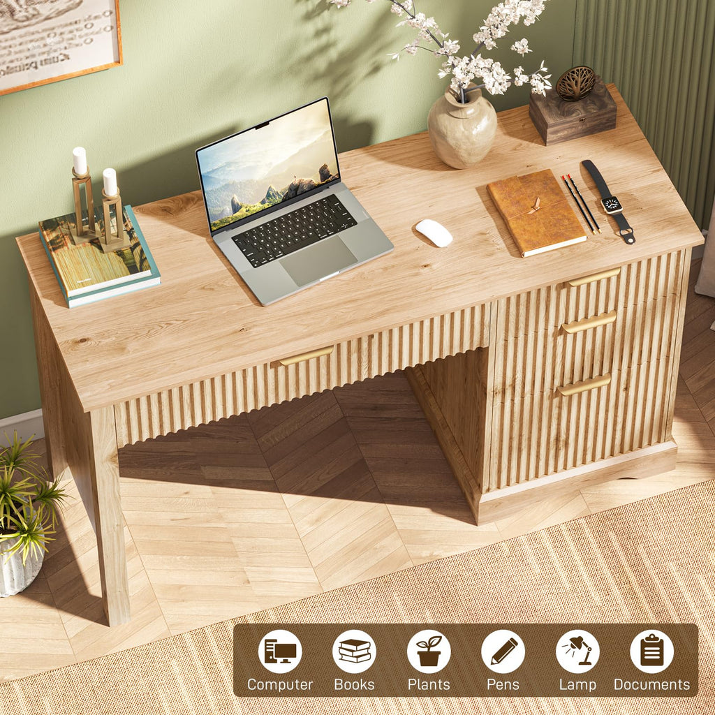 Vabches Fluted Executive Desk with File Drawer, Oak