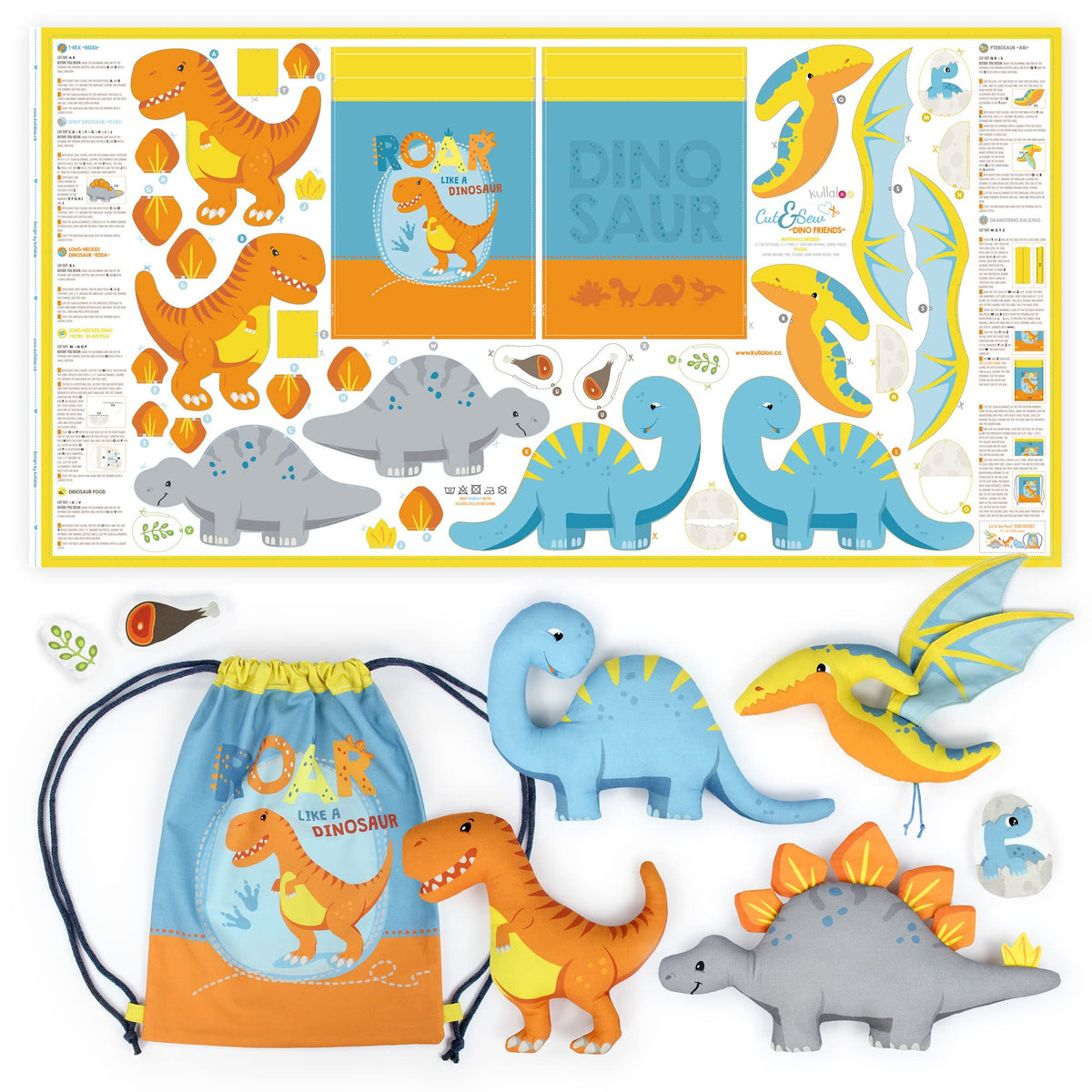 kullaloo Sewing kit for Kids Beginners - DIY Craft for Girls & Boys - Cut & Sew Fabric Panel Dinosaur (Dino Friends)