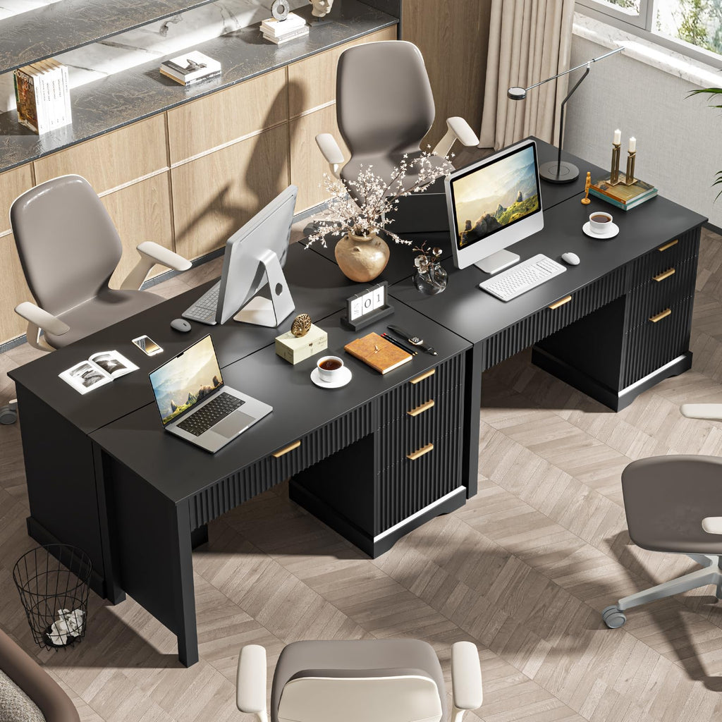 Vabches Fluted Executive Desk with Drawers, Wood Computer Desk, File Drawer, Black