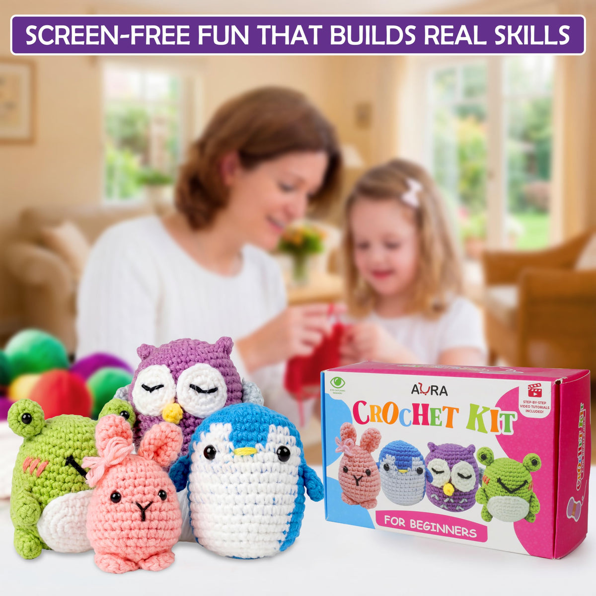 A-URA 3-in-1 Learn to Crochet Kit for Beginners Kids and Adults, Premium Pattern Sunflower, Panda Cactus, Hanging Pot Plant Beginner Crochet Kits with Easy Tube Yarn (4, Animal Pattern)