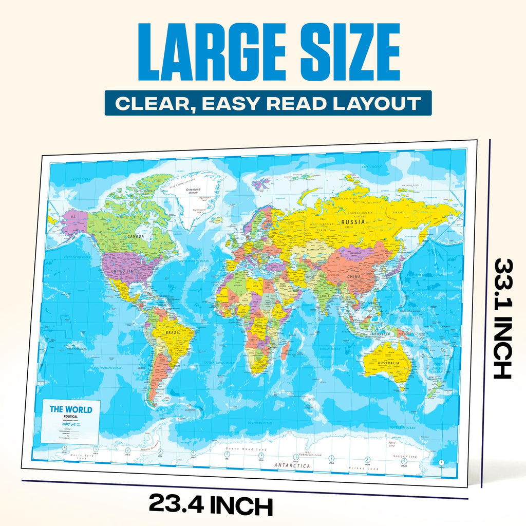 World Map Poster for Wall 24x33 in, Write On Wipe Off