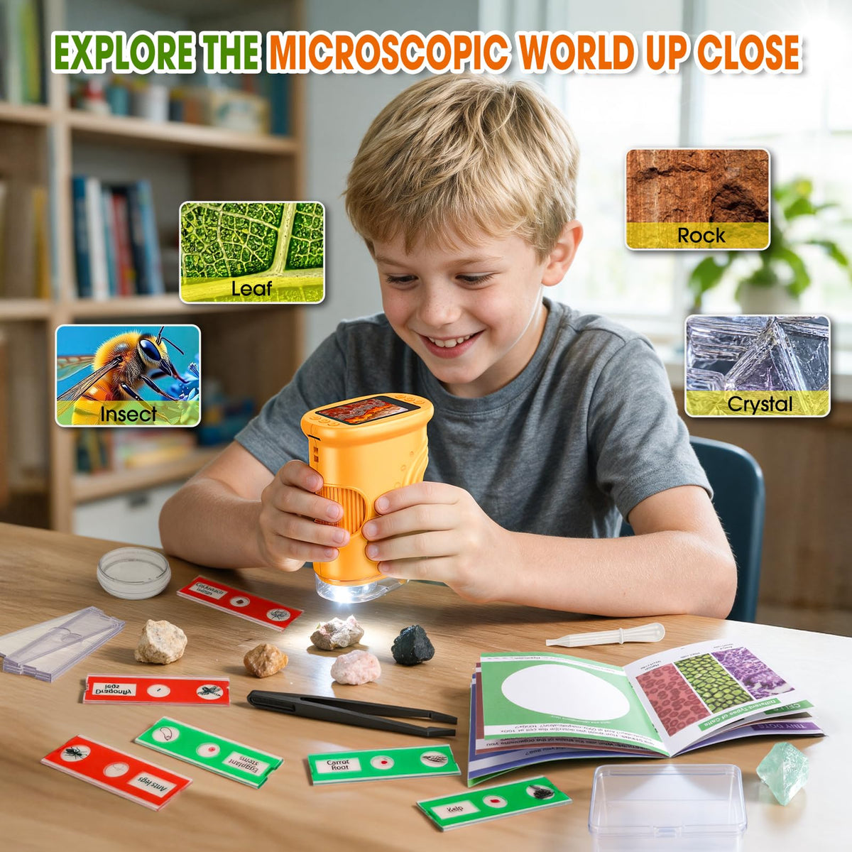 Digital Microscope Science Kit with Mineral Specimens & Plant Insect Slides for STEM Education