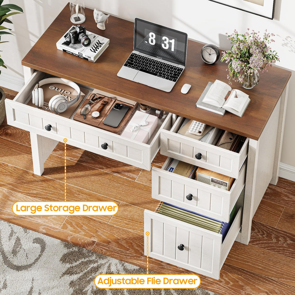 Farmhouse Desk with 4 Drawers File Drawer, Wood Computer Desk Brown & White