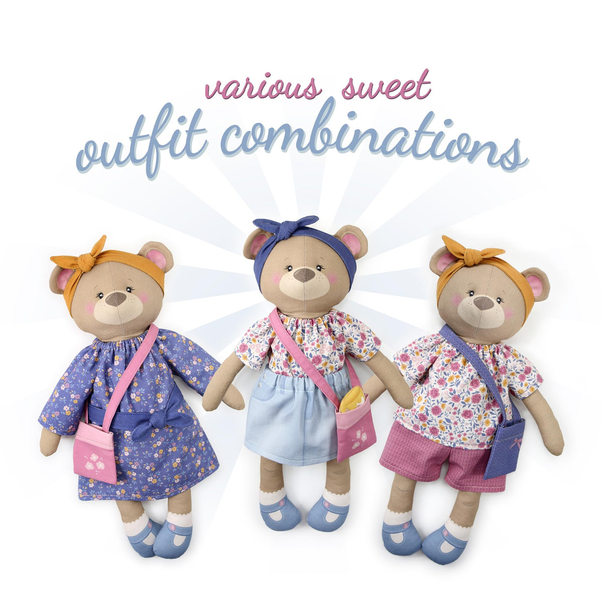 kullaloo – Cut & Sew Fabric Panel – Pre-Printed Patterns on Cotton Fabric – Rag Doll Sewing Kit with Clothes – Betsy Bear Doll Sewing Pattern – incl. Video Instructions