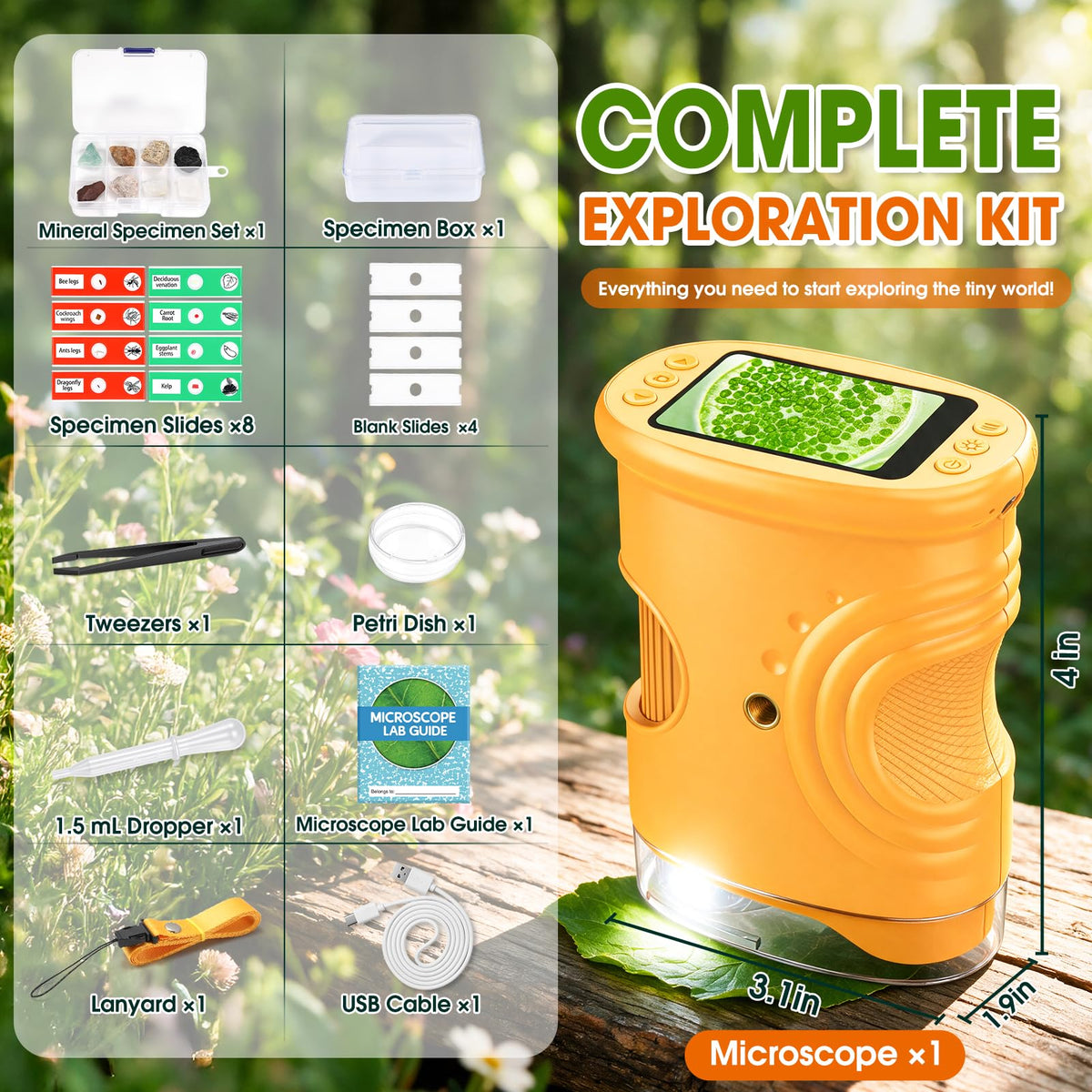 Digital Microscope Science Kit with Mineral Specimens & Plant Insect Slides for STEM Education