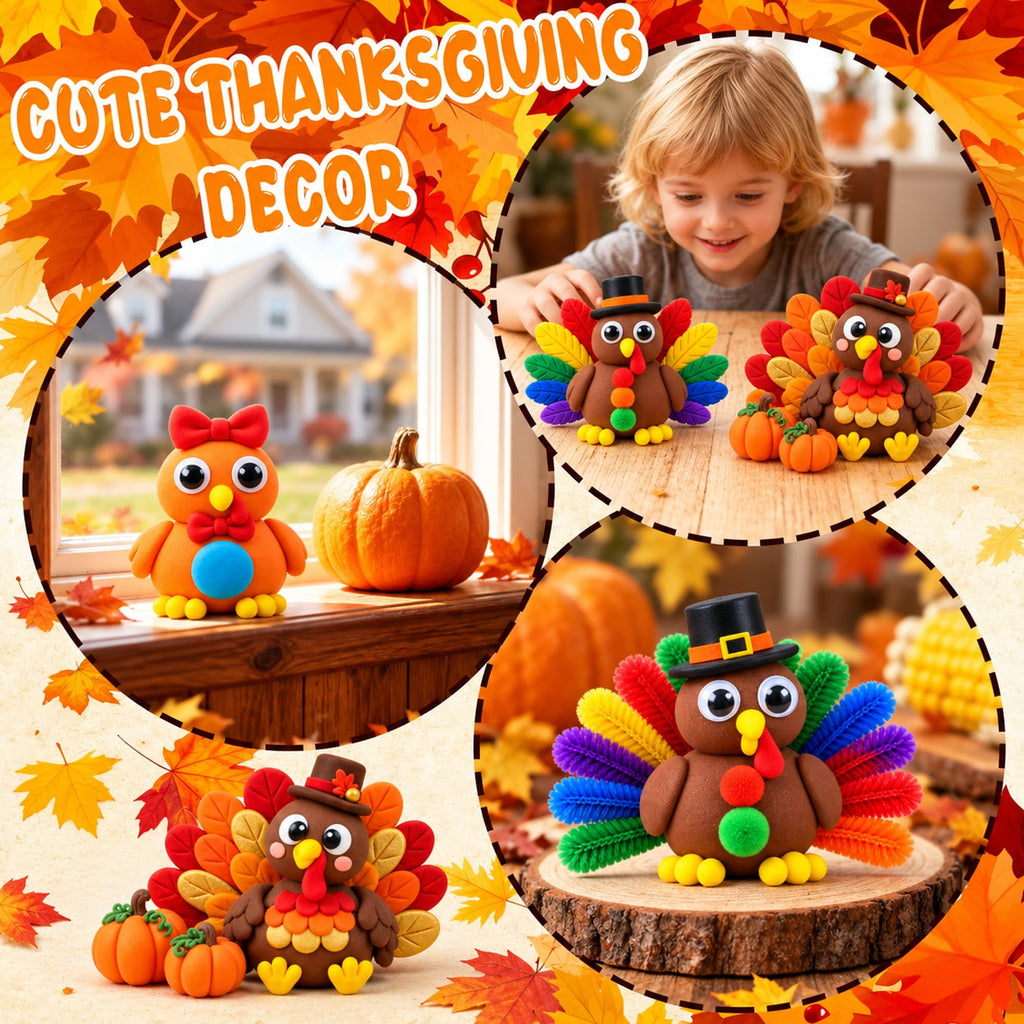Thanksgiving Turkey Air-Dry Clay Craft Kit – 24 Colorful Clay Tubs with Decorative Accessories