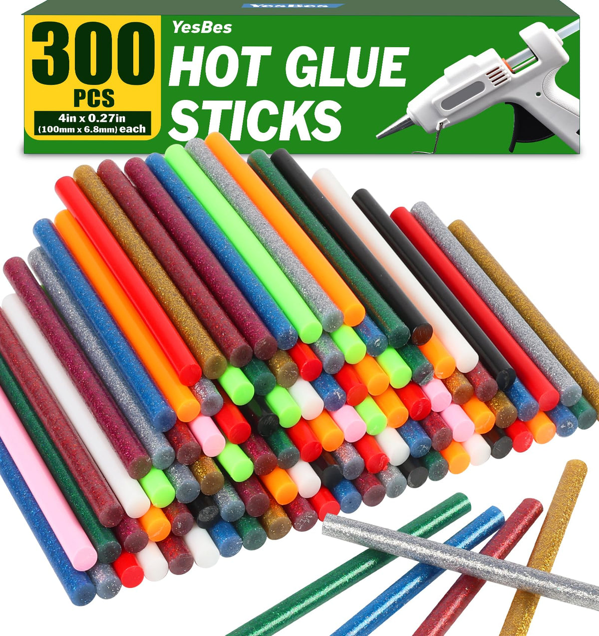 300 Pack Mini Hot Glue Sticks, 4" Long x 0.27" Diameter Colored Mini Hot Glue Sticks, Widely Used in Wood, Metal, Glass, Plastic, Floral, Fabric, Leather, Foam