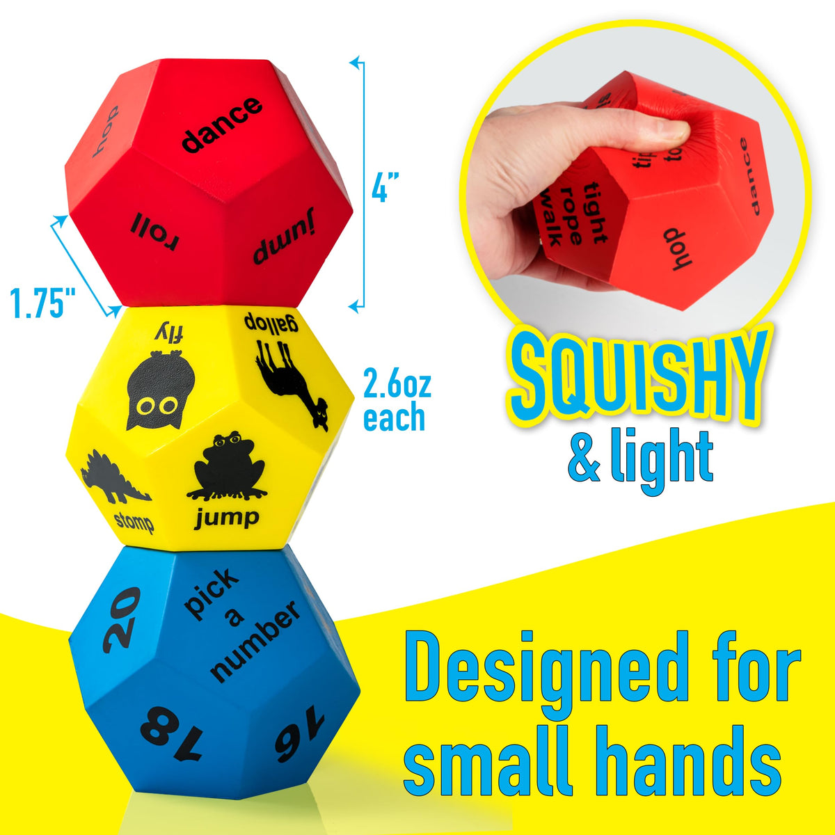Exercise Dice Game – 3 Large 12-Sided Foam Movement Dice | Physical Education &amp; Gross Motor Activities