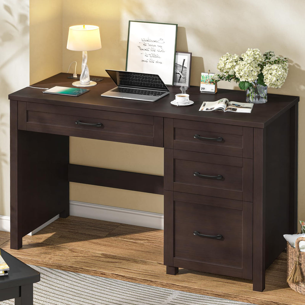Vabches Farmhouse 47" Computer Desk with Charging Station, File Drawer, Walnut