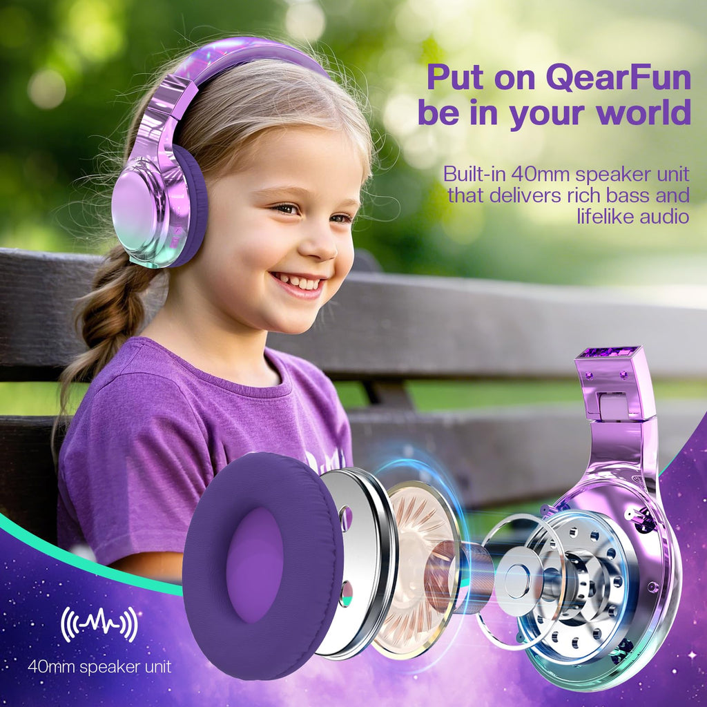 Purple Kids Bluetooth Headphones, 60H Playtime, 74/85/94dB Volume Limit