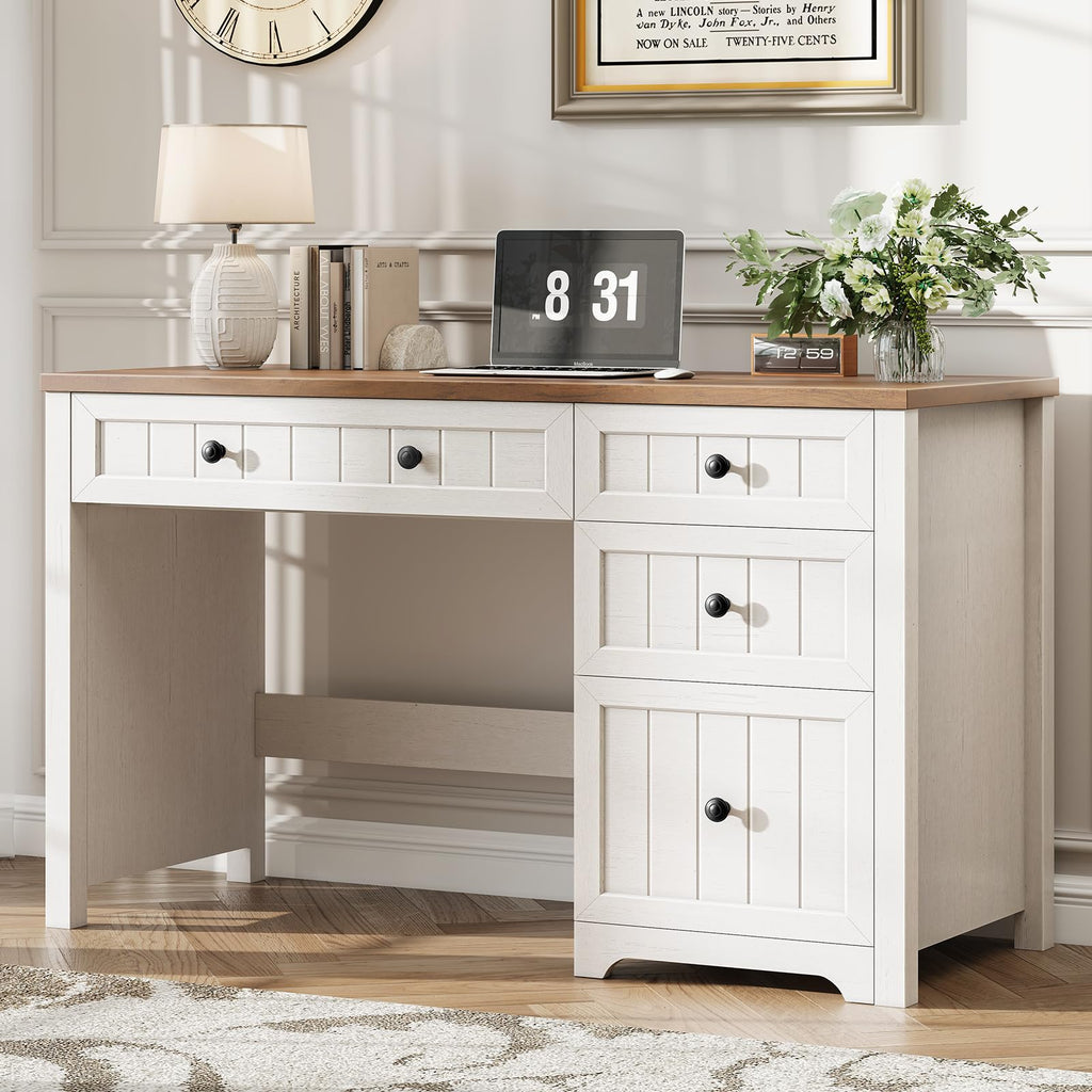 Farmhouse Desk with 4 Drawers File Drawer, Wood Computer Desk Brown & White