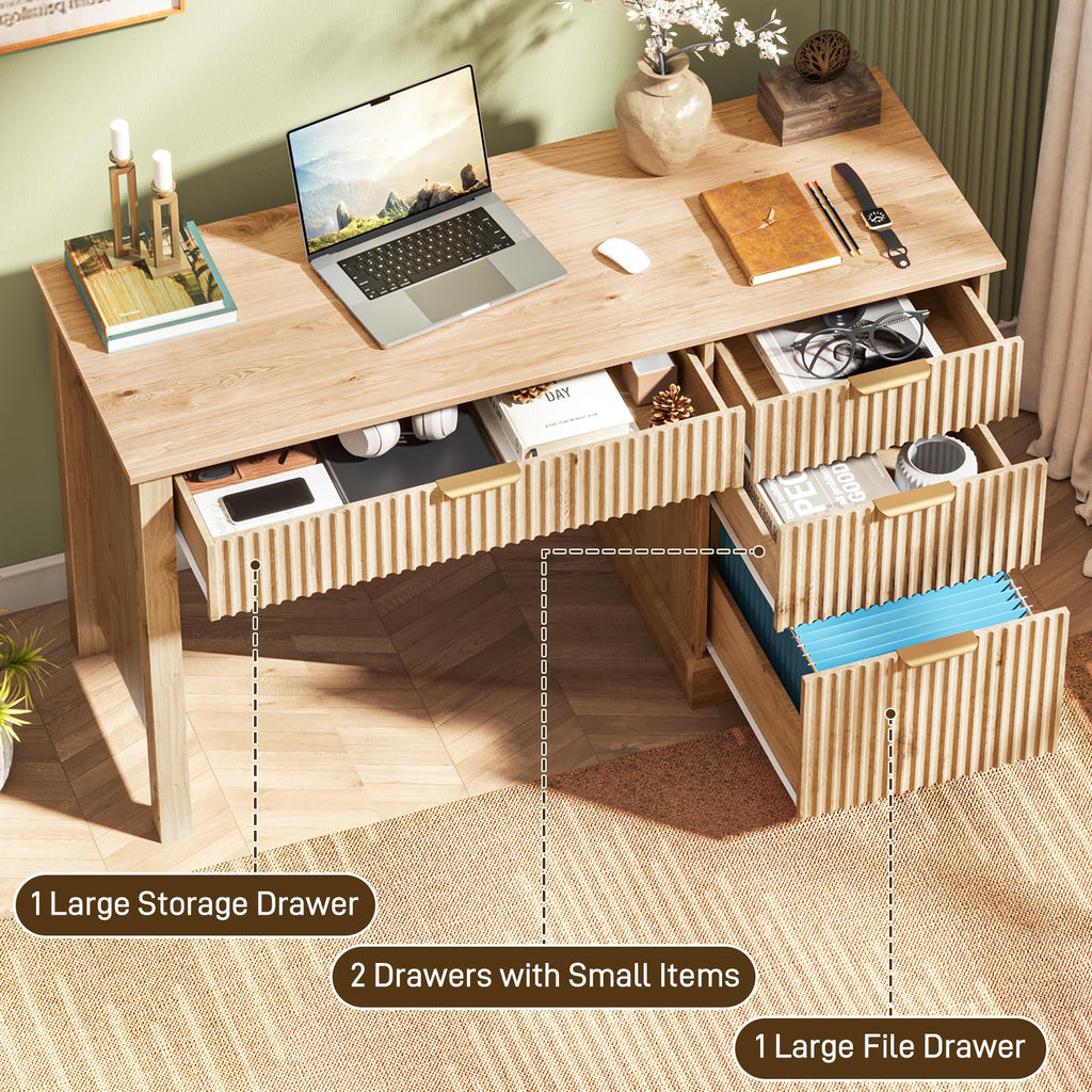 Vabches Fluted Executive Desk with File Drawer, Oak