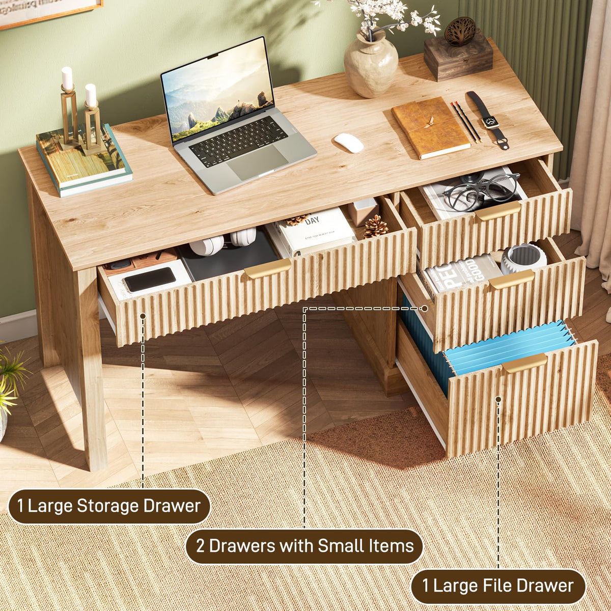 Vabches Fluted Executive Desk with File Drawer, Oak