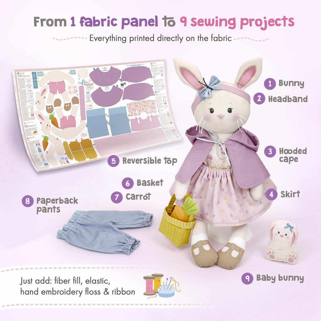 kullaloo - Cut & Sew Fabric Panel for Intermediate Skills - with Video Instructions - Doll Sewing Panel Doll with Clothes: Dress Me Bestie Bibby Bunny