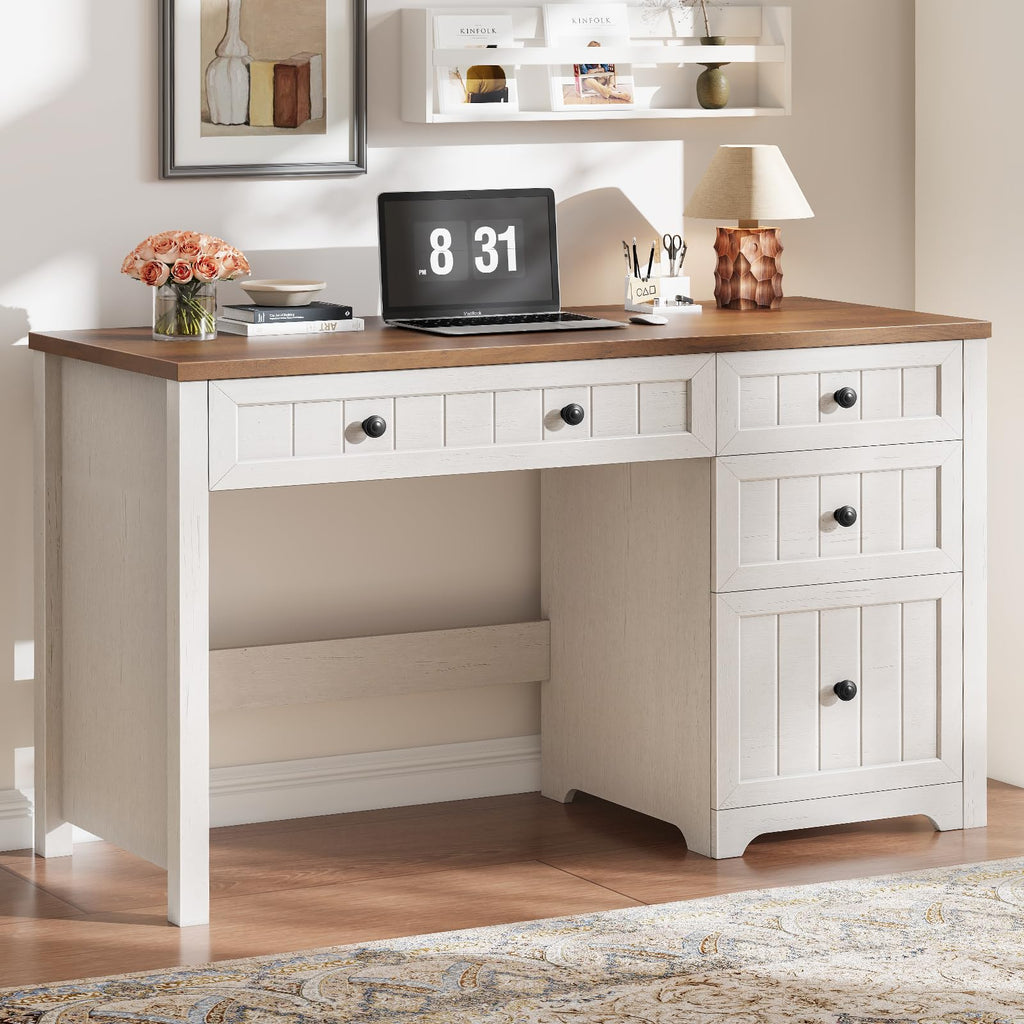 Farmhouse Desk with 4 Drawers File Drawer, Wood Computer Desk Brown & White