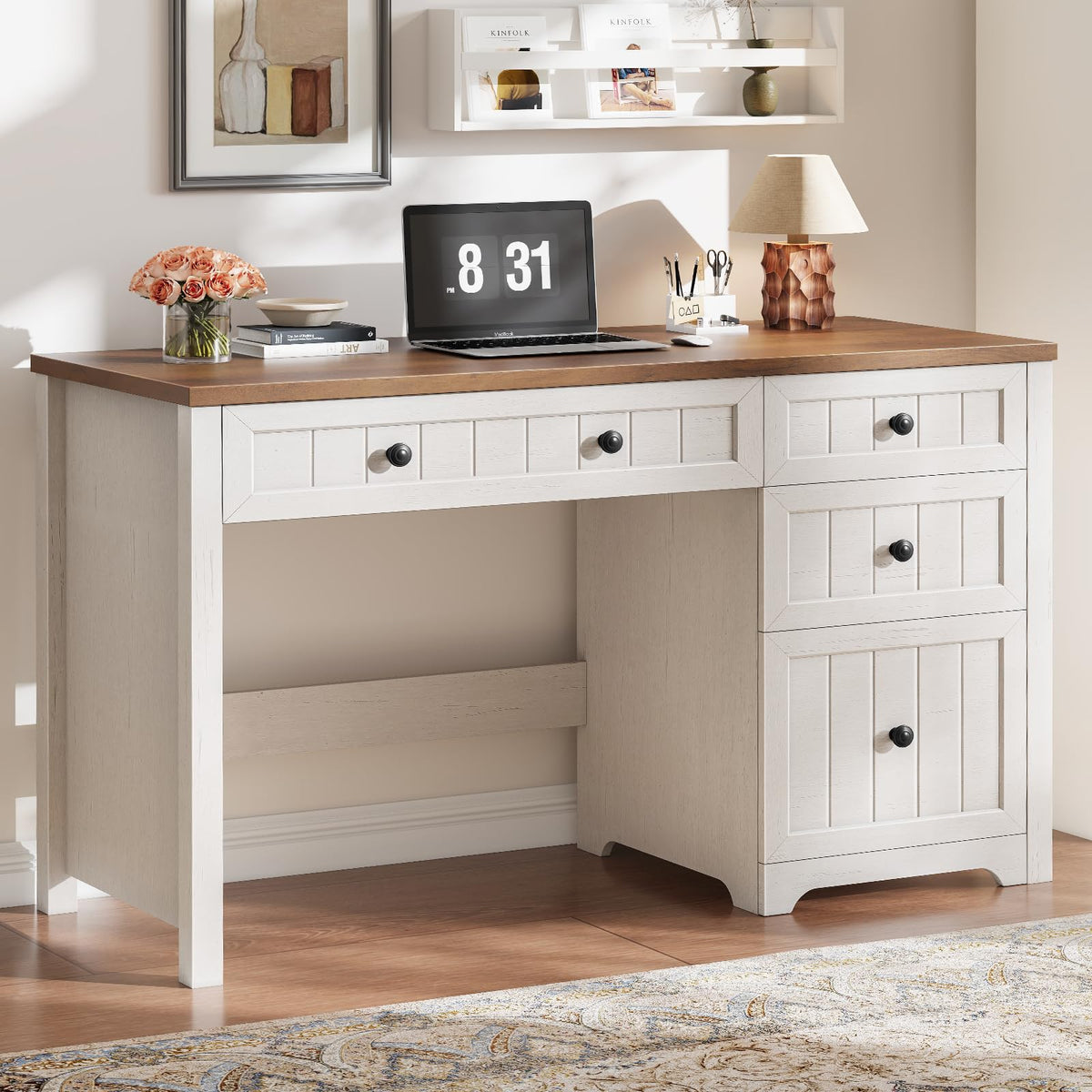 Farmhouse Desk with 4 Drawers File Drawer, Wood Computer Desk Brown & White